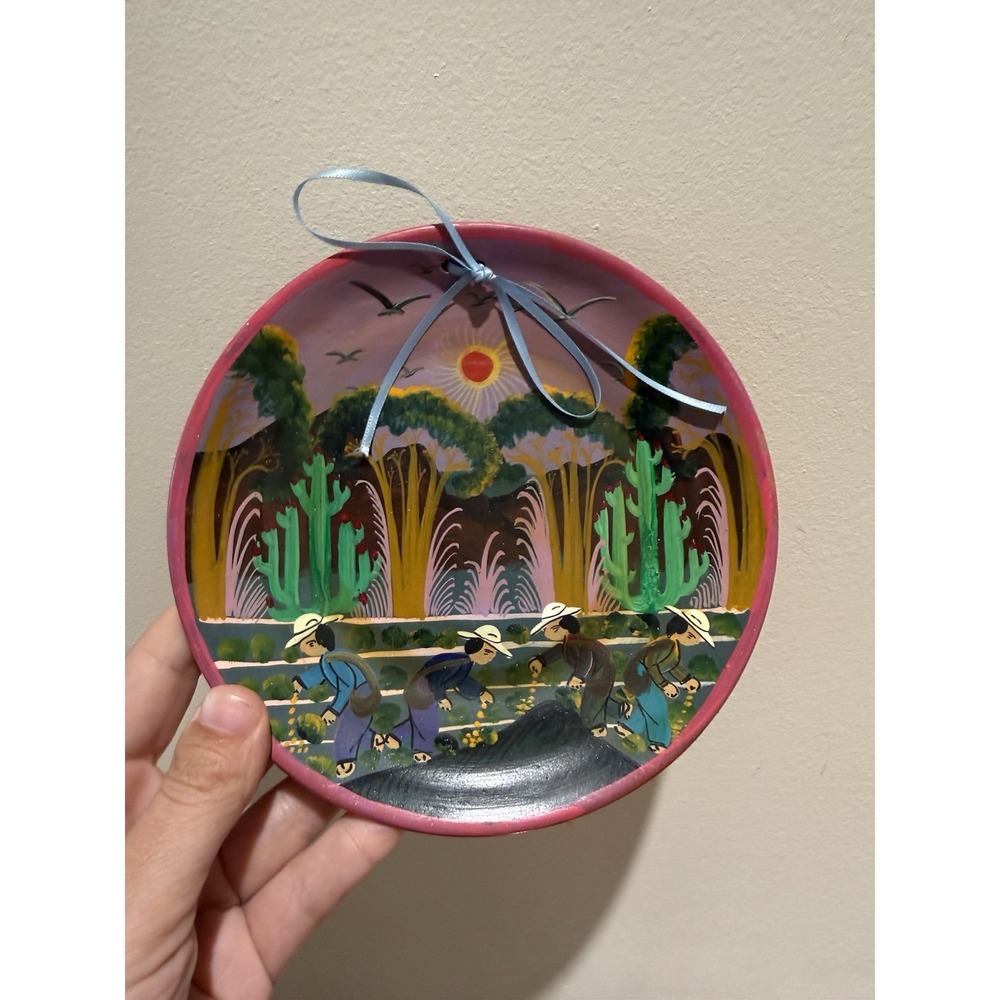 Vintage 1994 Mexican Folk Art Terracotta Plate Hand Painted Copala Mazatlan